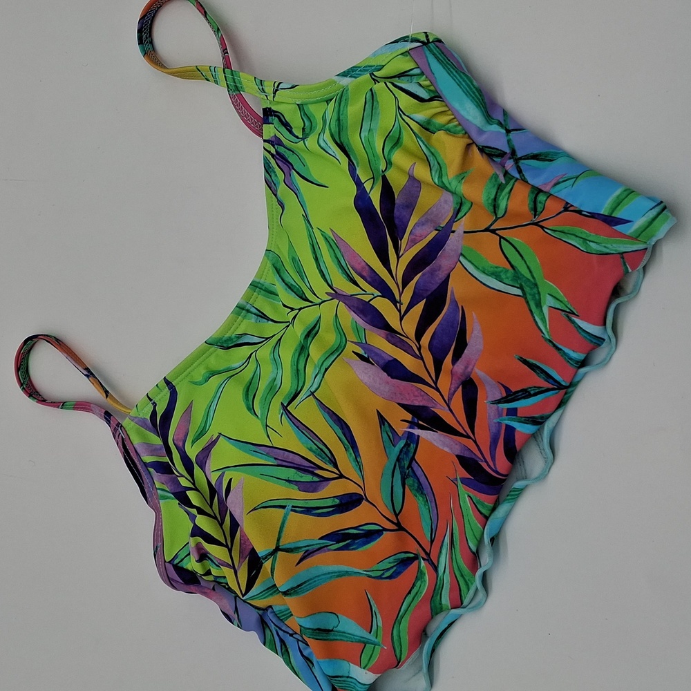 Salt + Cove Tropical Leaf Print Cropped Bikini Top Green XS